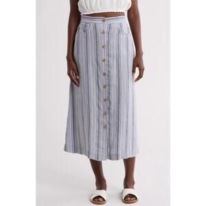 Faherty Womens Designer Blue La Jolla Linen Striped Midi Skirt Medium New